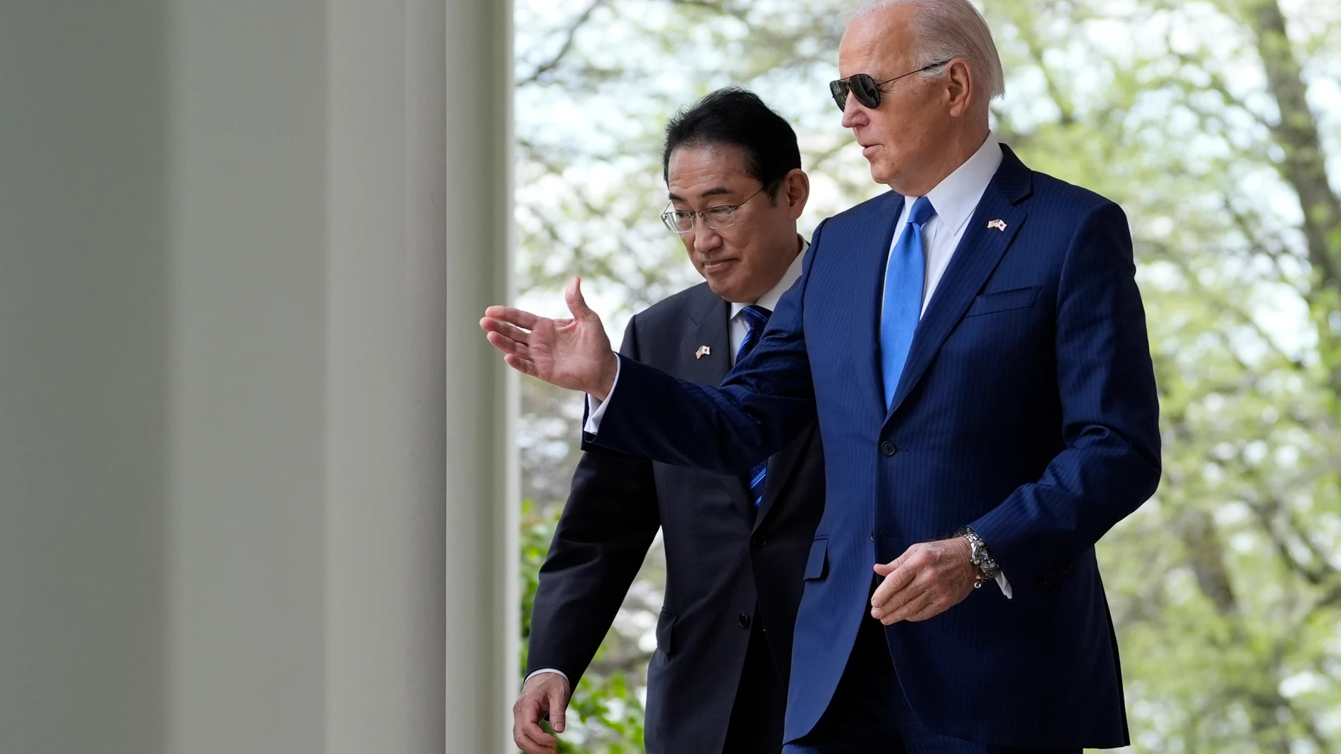 President Joe Biden arrives with Japanese Prime Minister Fumio Kishida for a news conference in the Rose Garden of the White House, Wednesday, April 10, 2024, in Washington. (AP Photo/Evan Vucci)