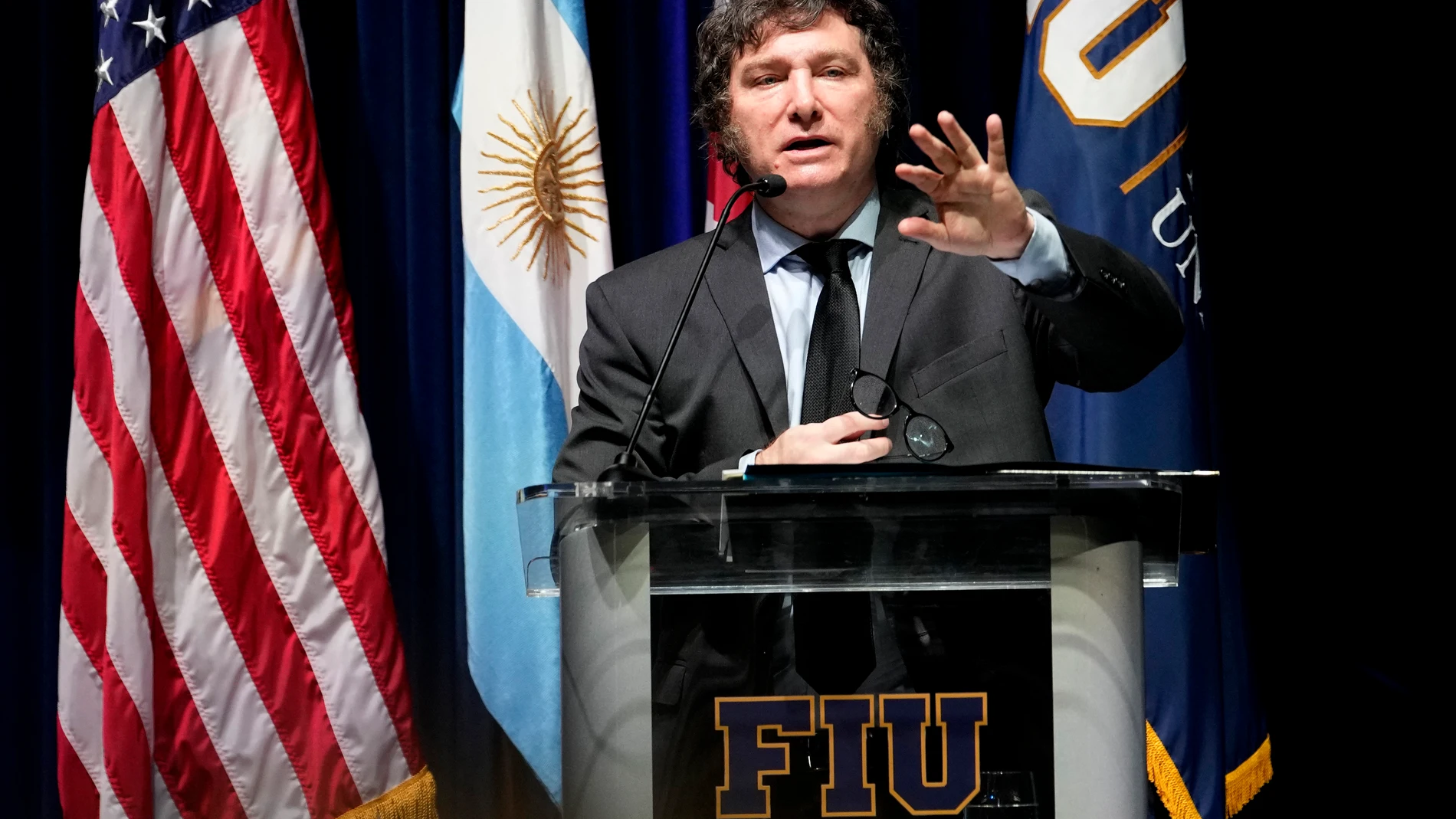 Argentine President Javier Milei speaks to students at Florida International University, Thursday, April 11, 2024, in North Miami, Fla. (AP Photo/Lynne Sladky)