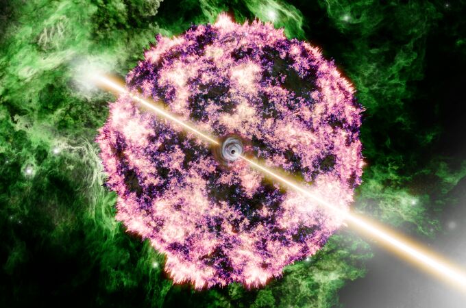 Imagen artística de GRB 221009A mostrando los chorros relativistas estrechos y los restos de la supernova. Usando el Telescopio Espacial James Webb, Peter Blanchard y su equipo confirmaron que el GRB fue causado por el colapso de una estrella masiva en una región de formación estelar densa. 