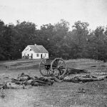 This 1862 photograph made available by the Library of Congress shows casualties from the Battle of Antietam near the church of the pacifist Dunker sect near Sharpsburg, Md. When dawn broke along Antietam Creek on Sept. 17, 1862, cannon volleys launched a Civil War battle that would leave 23,000 casualties on the single bloodiest day in U.S.