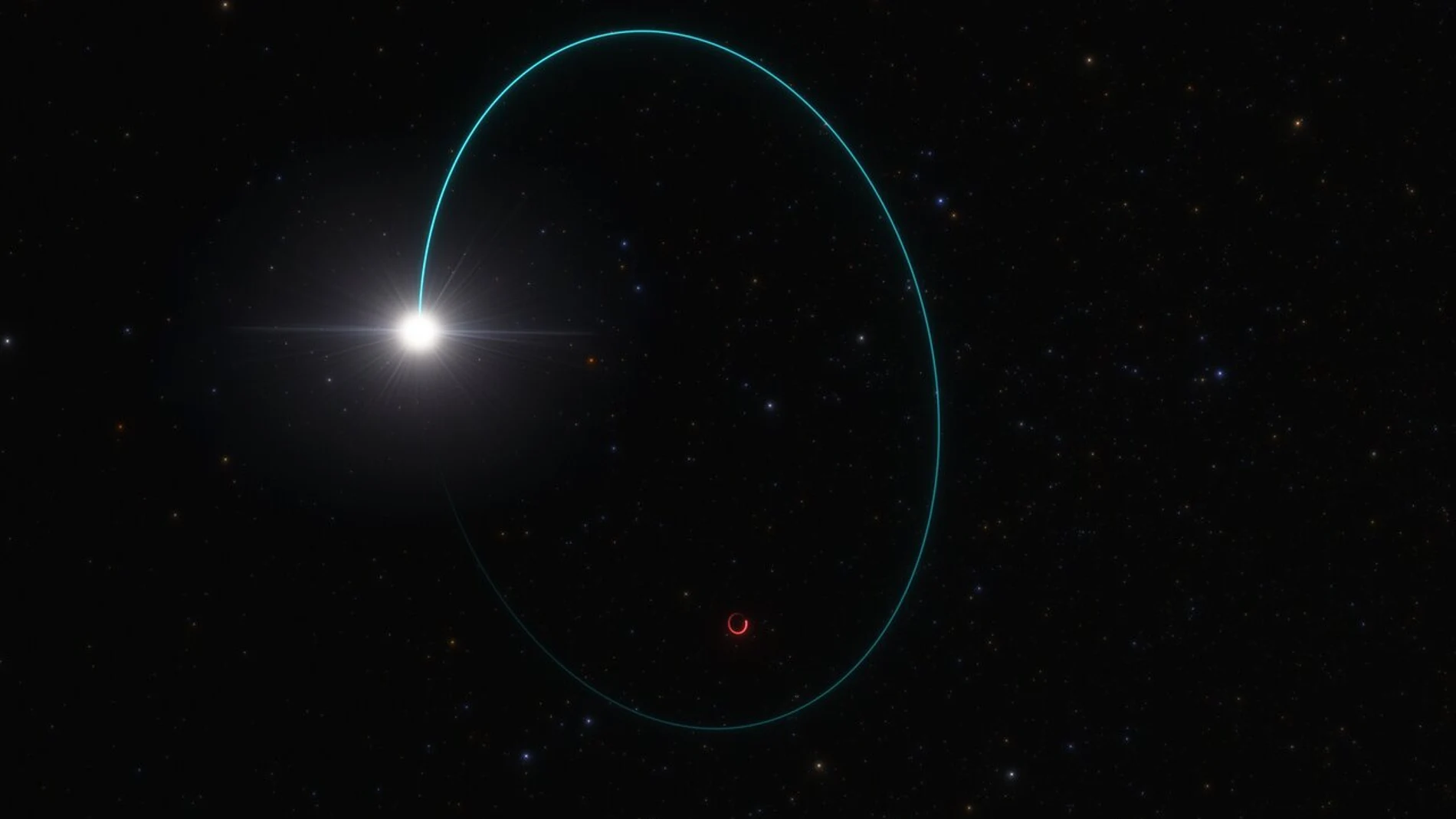 Representación artística de Gaia BH3, el agujero negro más masivo de nuestra galaxia gracias al movimiento de una estrella compañera. Datos de Gaia y otros telescopios confirman su masa 33 veces la del Sol. La composición química de la estrella sugiere su formación tras el colapso de una estrella masiva con pocos elementos pesados. (ESO/L. Calçada) 