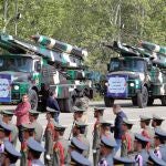 Iranian medium range missiles 'Nazeat' are displayed during the annual Army Day celebration at a military base in Tehran, Iran, 17 April 2024. 
