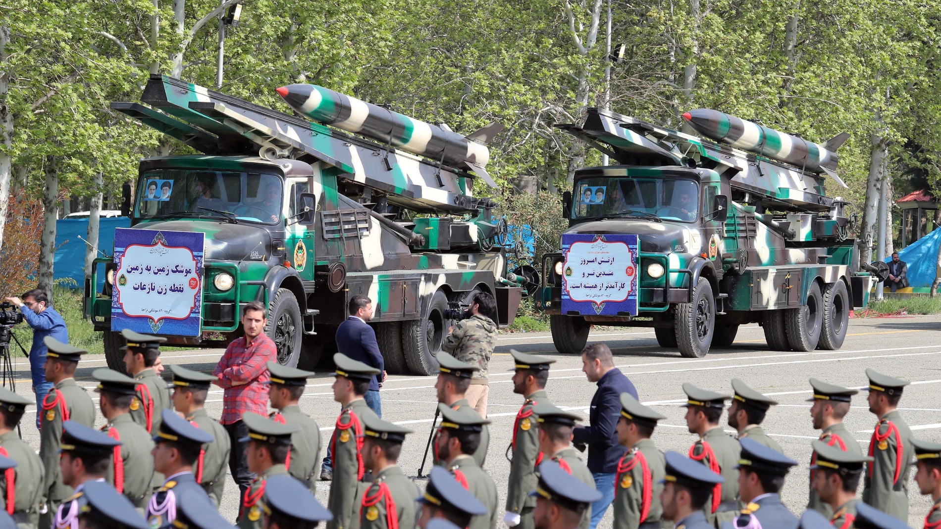 Iranian medium range missiles 'Nazeat' are displayed during the annual Army Day celebration at a military base in Tehran, Iran, 17 April 2024. 