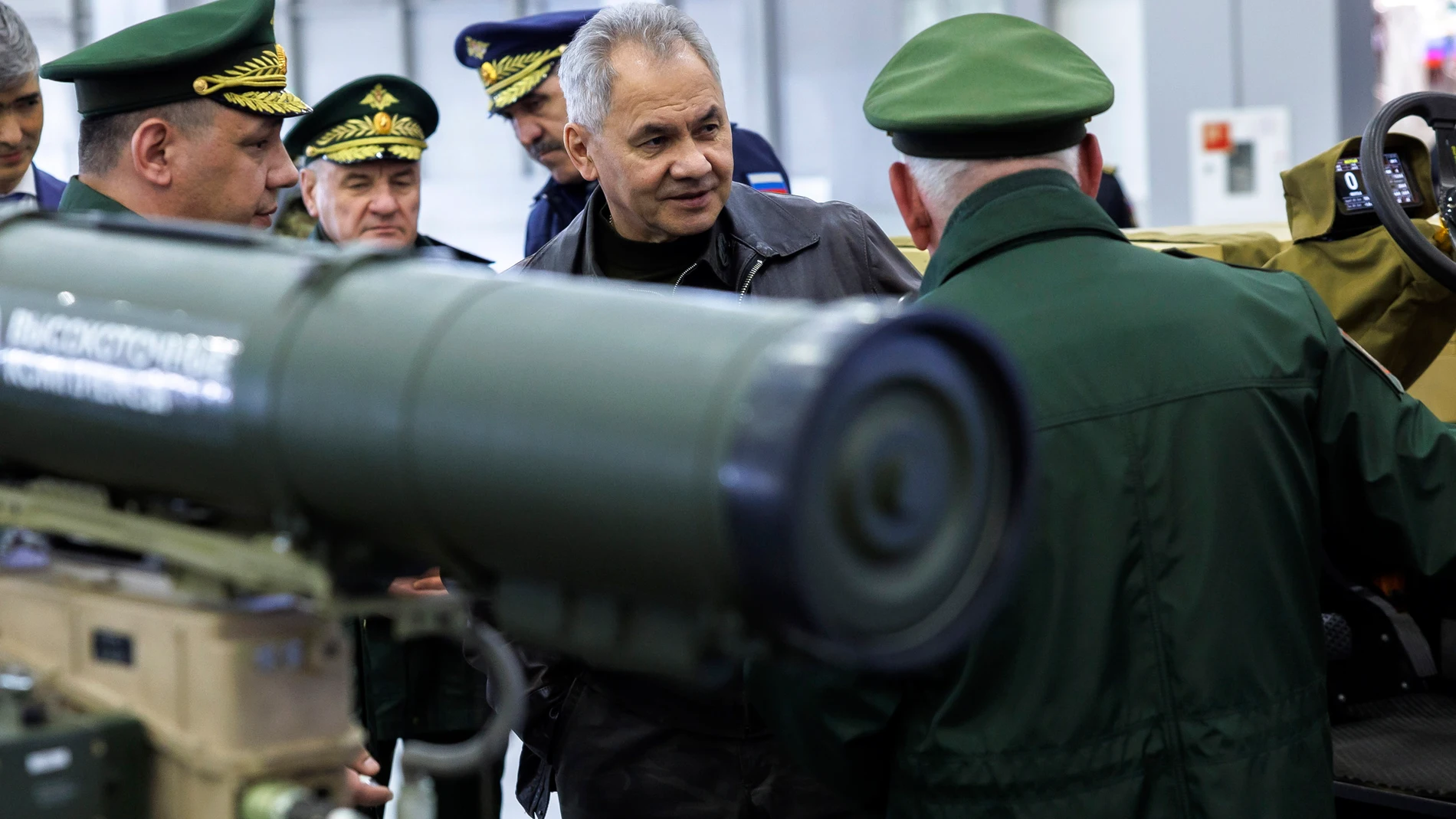 Kubinka (Russian Federation), 16/04/2024.- A handout photo made available by the Russian Defence ministry press-service shows Russian Defense Minister Sergei Shoigu (C) examining military equipments as he checks the implementation of instructions for the development of robotic complexes and advanced weapons systems at the Patriot Convention and Exhibition Center outside Moscow, Russia, 17 April 2024. The Russian defense minister was presented with more than 30 promising models of weapons, mil...