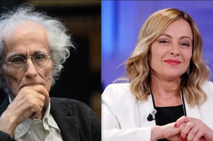 El historiador Luciano Canfora y la primera ministra italiana, Giorgia Meloni