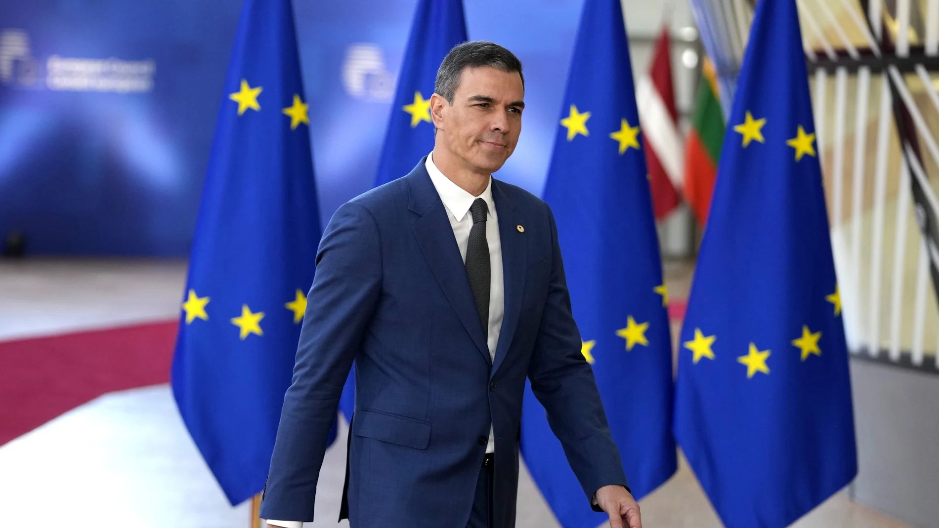 Spain's Prime Minister Pedro Sanchez arrives for an EU summit in Brussels, Wednesday, April 17, 2024.