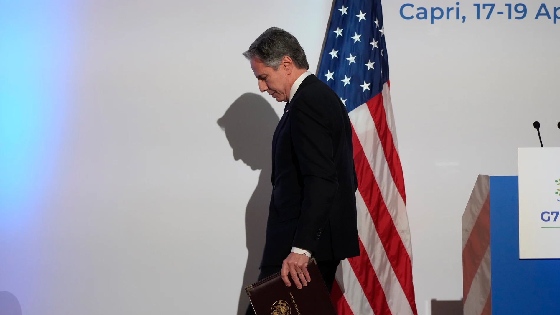 U.S. Secretary of State Antony Blinken leaves after meeting the journalists in a press conference at the G7 Foreign Ministers meeting on Capri Island, Italy, Friday, April 19, 2024. (AP Photo/Gregorio Borgia)