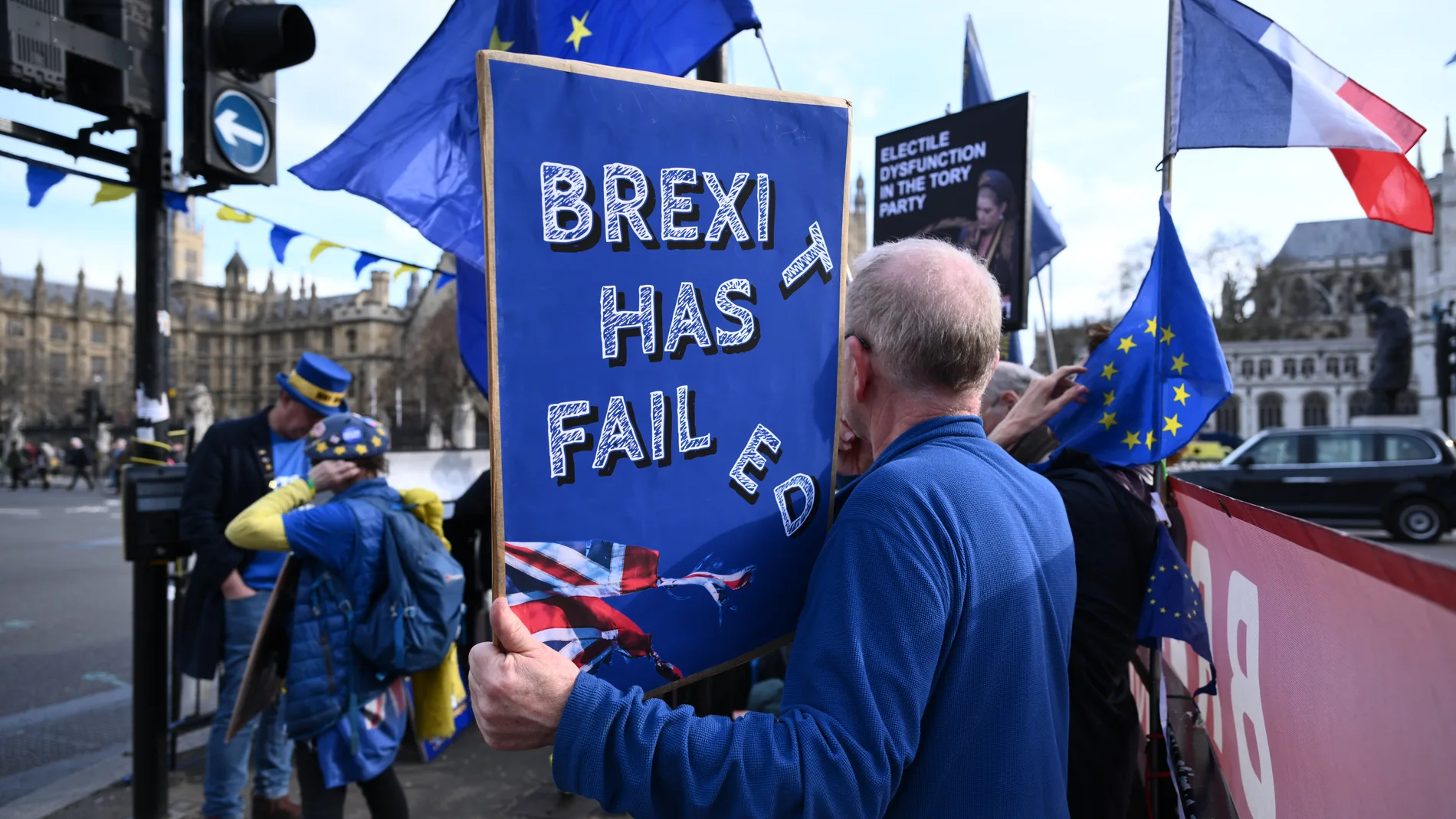 March 20, 2024, London, England, United Kingdom: Anti-brexit protestors stage a demonstration outside parliament. The protestors spoke out against the Conservative party and its lack of democracy20/03/2024