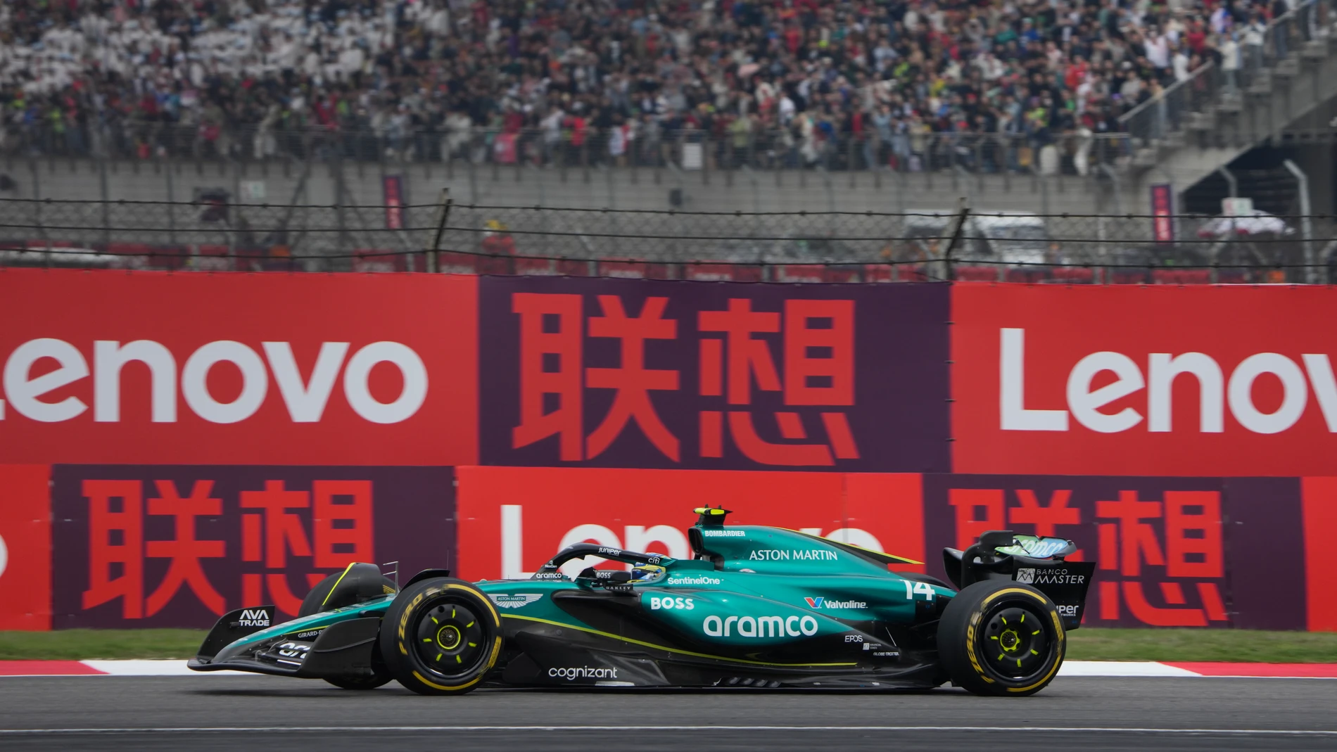 Aston Martin driver Fernando Alonso of Spain steers his car during the Chinese Formula One Grand Prix at the Shanghai International Circuit, Shanghai, China, Sunday, April 21, 2024. (AP Photo/Andy Wong)