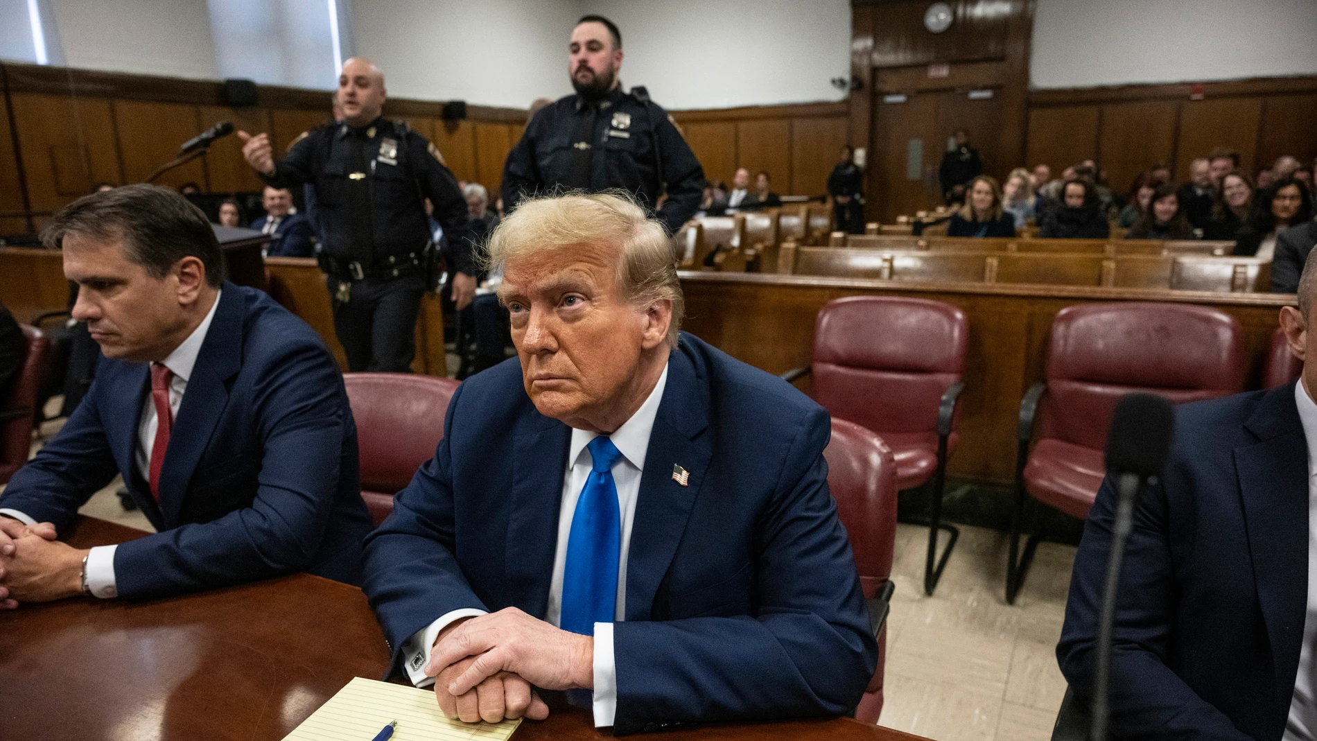 Former President Donald Trump sits in court on the first day of opening arguments in his trial at Manhattan Criminal Court in New York, Monday, April 22, 2024. (Victor J. Blue/The Washington Post via AP, Pool)