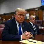 Former US President and current Republican presidential candidate Donald Trump awaits the start of proceedings at Manhattan Criminal Court in New York, New York, USA, 22 April 2024.