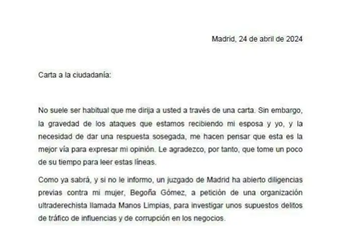 Diez frases de la carta de Pedro Sánchez: Del 