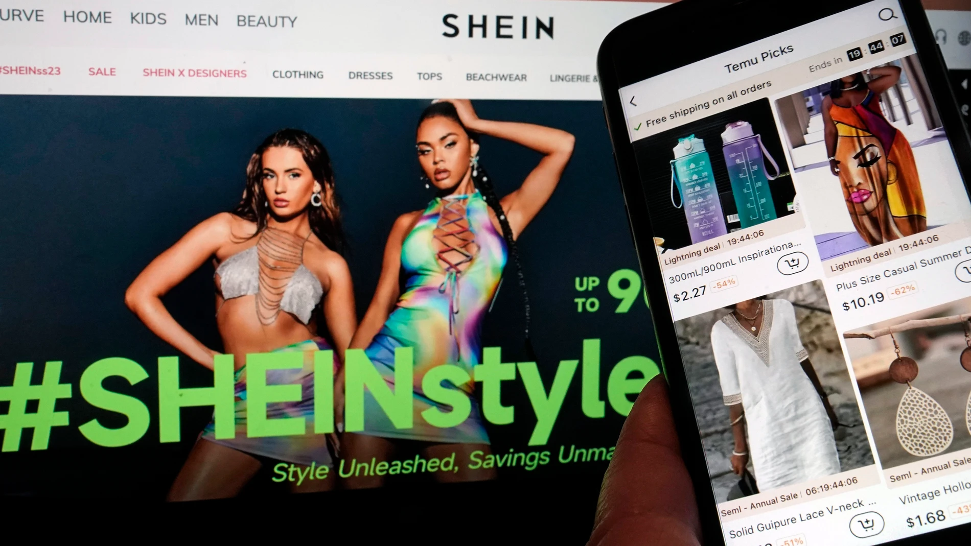 FILE - Pages from the Shein website, left, and from the Temu site, right, are shown in this photo, in New York, Friday, June 23, 2023. Online fast-fashion retailer Shein must face the European Union's strictest level of digital regulations, the bloc said on Friday, April 26, 2024 as it added the company to its list of big platforms that need extra scrutiny. (AP Photo/Richard Drew, File)
