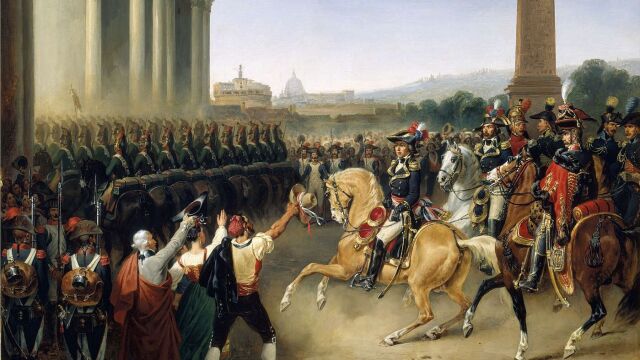 Napoleón Bonaparte y sus tropas entrando en la ciudad de Roma