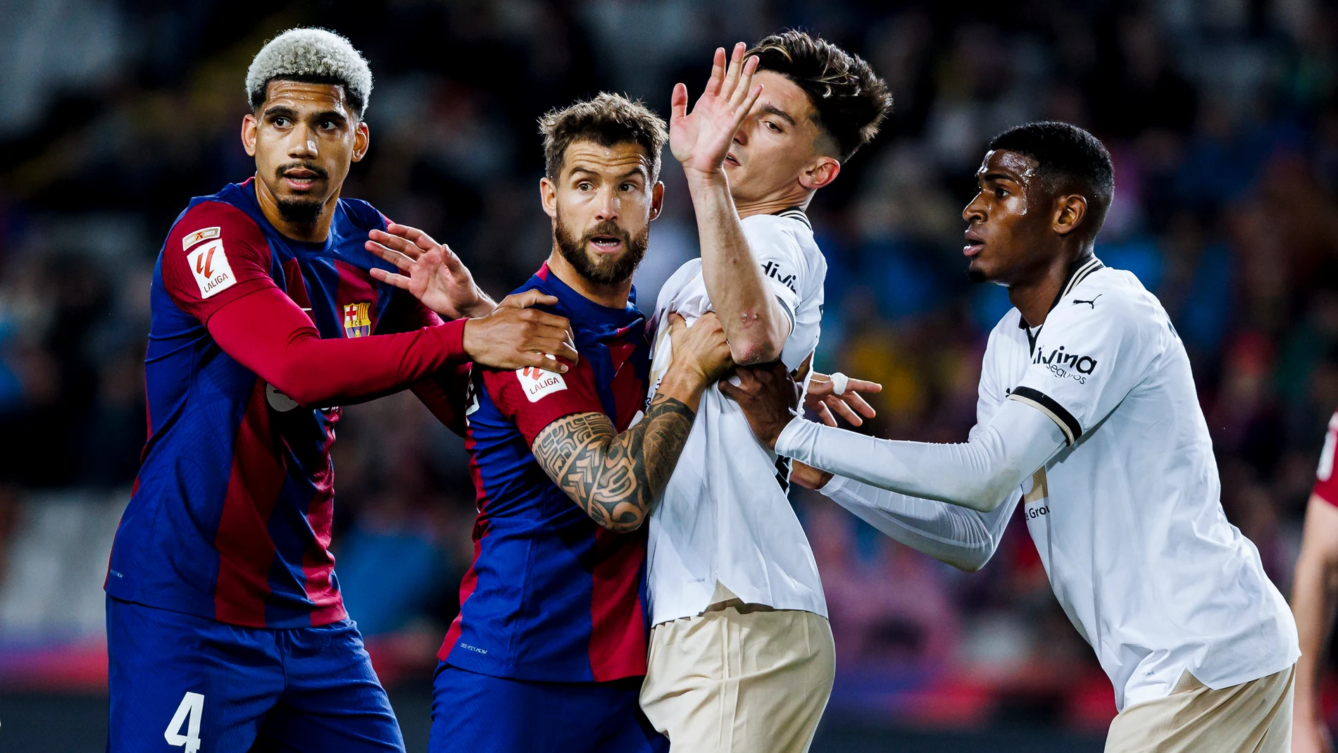 Ronald Araujo of FC Barcelona in action during the Spanish league, La Liga EA Sports, football match played between FC Barcelona and Valencia CF at Estadio Olimpico de Montjuic on April 29, 2024 in Barcelona, Spain. AFP7 29/04/2024 ONLY FOR USE IN SPAIN