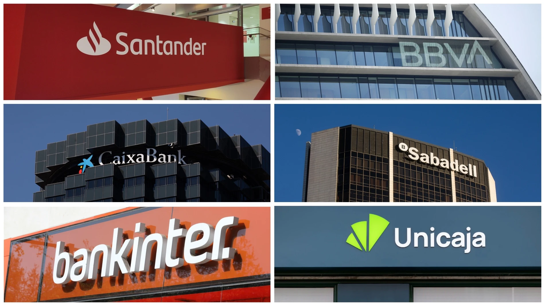 Logos de Banco Santander, BBVA, CaixaBank, Banco Sabadell, Bankinter y UnicajaBANCO SANTANDER, BBVA, EUROPA PR (Foto de ARCHIVO)01/01/1970