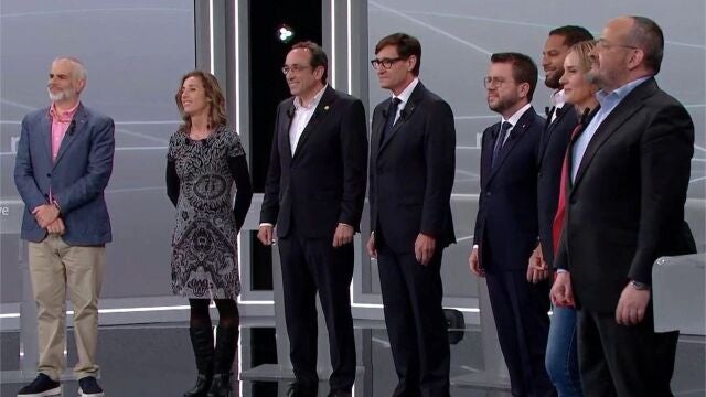 Los candidatos a las elecciones catalanas en el debate electoral de RTVE, el 2 de mayo de 2024.