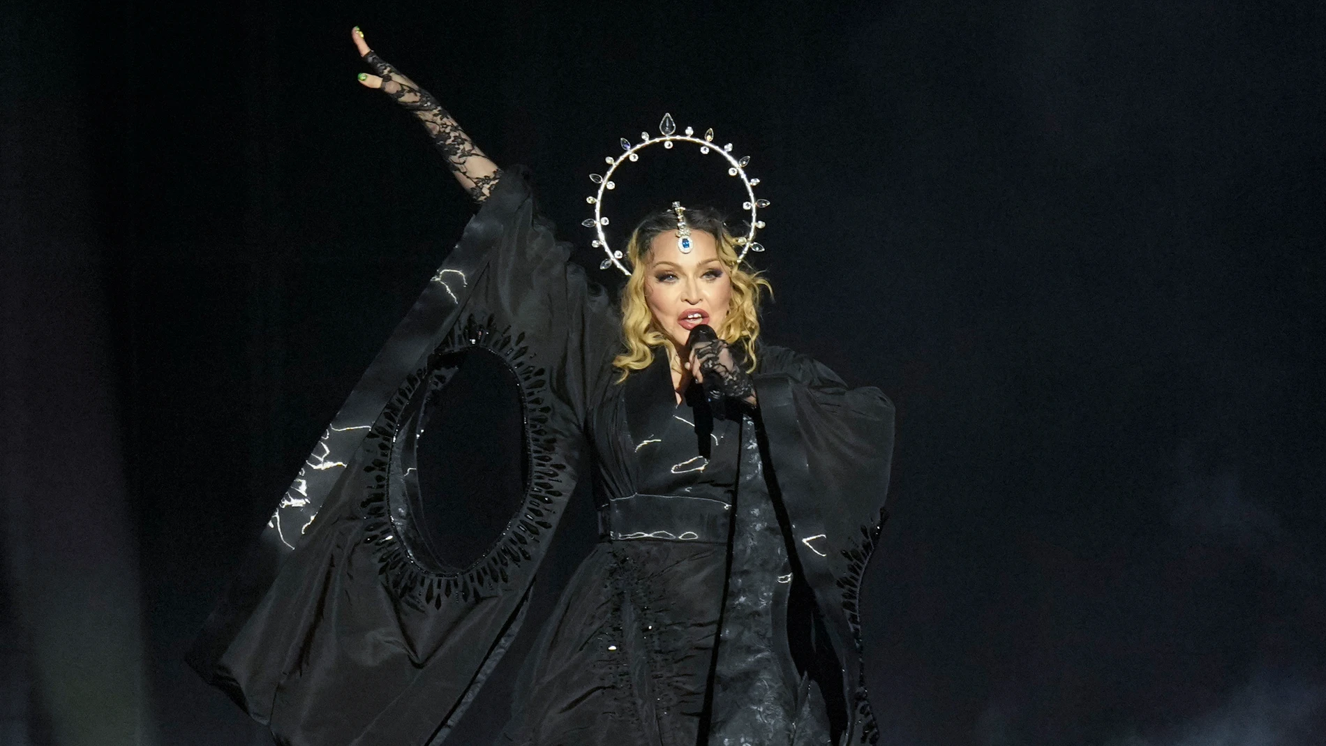 Madonna performs in the final show of her The Celebration Tour, on Copacabana Beach in Rio de Janeiro, Brazil, Saturday, May 4, 2024. (AP Photo/Silvia Izquierdo)
