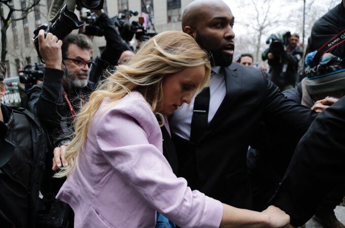 Porn actress Stormy Daniels arrives at federal court, Monday, April 16, 2018, in New York.