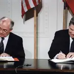 U.S. President Ronald Reagan and Soviet General Secretary Mikhail Gorbachev signing the INF Treaty in the East Room at the White House in 1987. The Intermediate-Range Nuclear Forces Treaty (INF) is a 1987 agreement between the United States and the Soviet Union. The treaty eliminated nuclear and conventional ground-launched ballistic and cruise missiles with intermediate ranges