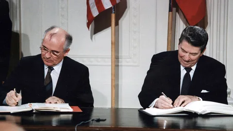 U.S. President Ronald Reagan and Soviet General Secretary Mikhail Gorbachev signing the INF Treaty in the East Room at the White House in 1987. The Intermediate-Range Nuclear Forces Treaty (INF) is a 1987 agreement between the United States and the Soviet Union. The treaty eliminated nuclear and conventional ground-launched ballistic and cruise missiles with intermediate ranges