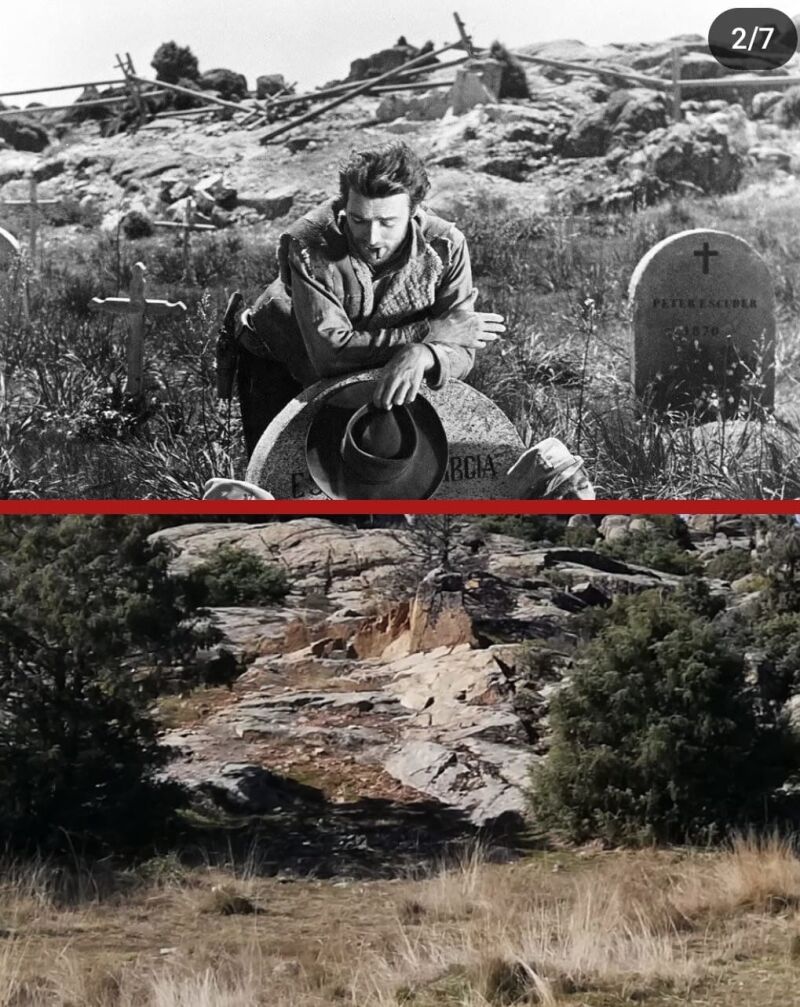 Arriba, Eastwood, junto a una lápida. Debajo, el escenario a día de hoy