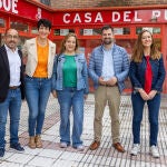 La ministra de Inclusión, Seguridad Social y Migraciones, Elma Saiz; la candidata del PSOE al Parlamento Europeo, Iratxe García; el secretario general del PSCyL, Luis Tudanca; la secretaria de organizacion, Virginia Barcones y el secretario general del PSOE Soria, Luis Rey, participan en un acto de campaña en Soria