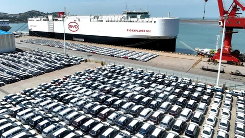 Aerial photo shows over 2,000 BYD Song Plus new energy vehicles to be exported at Lianyungang Port, Lianyungang City, east China's Jiangsu Province, 25 April, 2024. (Photo by stringer / ImagineChina / Imaginechina via AFP)
