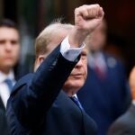 Former US President Donald Trump gestures to the media and the crowd outside of Trump Tower after a jury found him guilty on all 34 counts in his criminal trial in New York State Supreme Court in New York, New York, USA, 30 May 2024. 