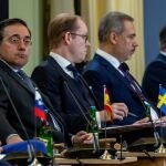 Spain's Foreign Minister Jose Manuel Albares Bueno, Sweden's Foreign Minister Tobias Lennart Billstrom, Turkey's Foreign Minister Hakan Fidan and UK's Secretary of State David Cameron attend the informal NATO Foreign Ministers Meeting at Czernin Palace, in Prague, Czech Republic