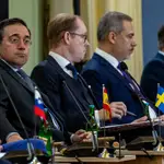 Spain&#39;s Foreign Minister Jose Manuel Albares Bueno, Sweden&#39;s Foreign Minister Tobias Lennart Billstrom, Turkey&#39;s Foreign Minister Hakan Fidan and UK&#39;s Secretary of State David Cameron attend the informal NATO Foreign Ministers Meeting at Czernin Palace, in Prague, Czech Republic