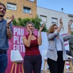 La vicepresidenta segunda, ministra de Trabajo y líder de Sumar, Yolanda Díaz, con el ministro de Cultura, Ernest Urtasun, y los candidatos a las europeas Estrella Galán y Jaume Asens