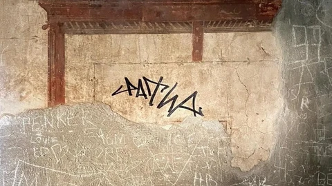 Un turista garabatea su firma con rotulador en una pared con frescos en antigua Herculano