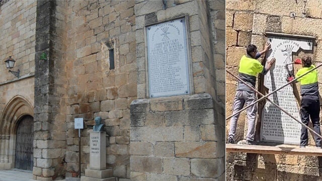 La Iglesia de Santa Marina de Cañaveral y detalle de la destrucción de la placa por parte de dos operarios, el pasado 9 de abril