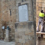 La Iglesia de Santa Marina de Cañaveral y detalle de la destrucción de la placa por parte de dos operarios, el pasado 9 de abril