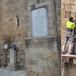 La Iglesia de Santa Marina de Cañaveral y detalle de la destrucción de la placa por parte de dos operarios, el pasado 9 de abril