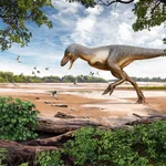 Reconstrucción del antiguo paisaje de Dakota del Norte de hace 67 millones de años con un Tyrannosaurus rex juvenil (Teen Rex) 