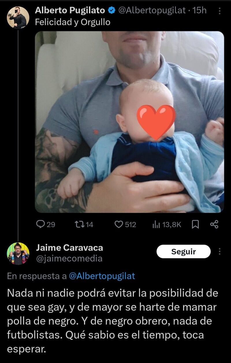 Respuesta del cómico Jaime Caravaca a una imagen compartida por Alberto Pugilato