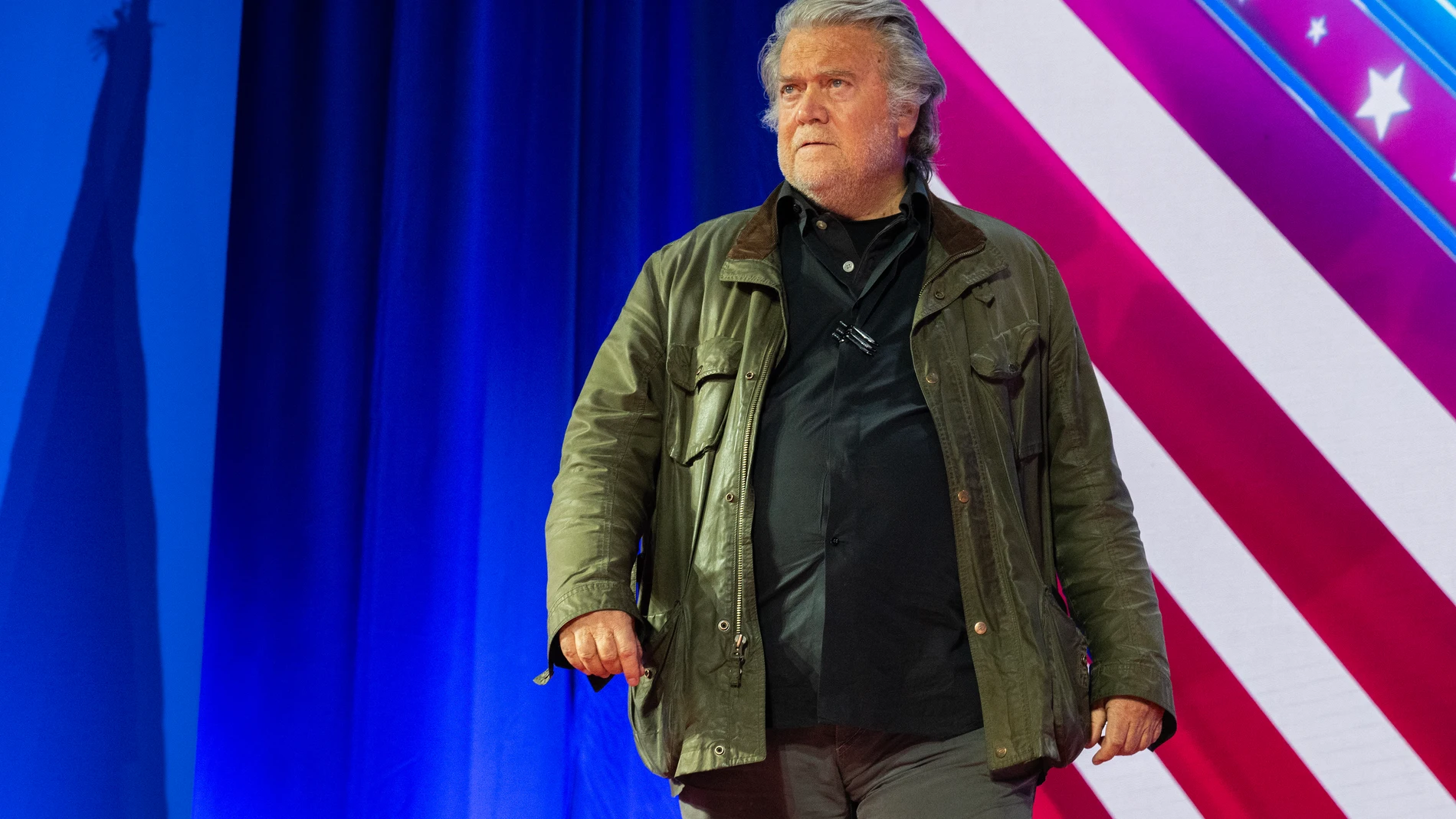 February 24, 2024, Oxon Hill, Maryland, USA: Steve Bannon, former White House Chief Strategist and Senior Counselor to the President and Host of War Room, arrives to make remarks at the 2024 Conservative Political Action Conference (CPAC) in National Harbor, Maryland, U.S., on Saturday, February 24, 2024. In July 2022, Bannon was convicted on two criminal charges of contempt of Congress in a jury trial and was sentenced to four months in prison and a $6,500 fine. The case is under appeal ...