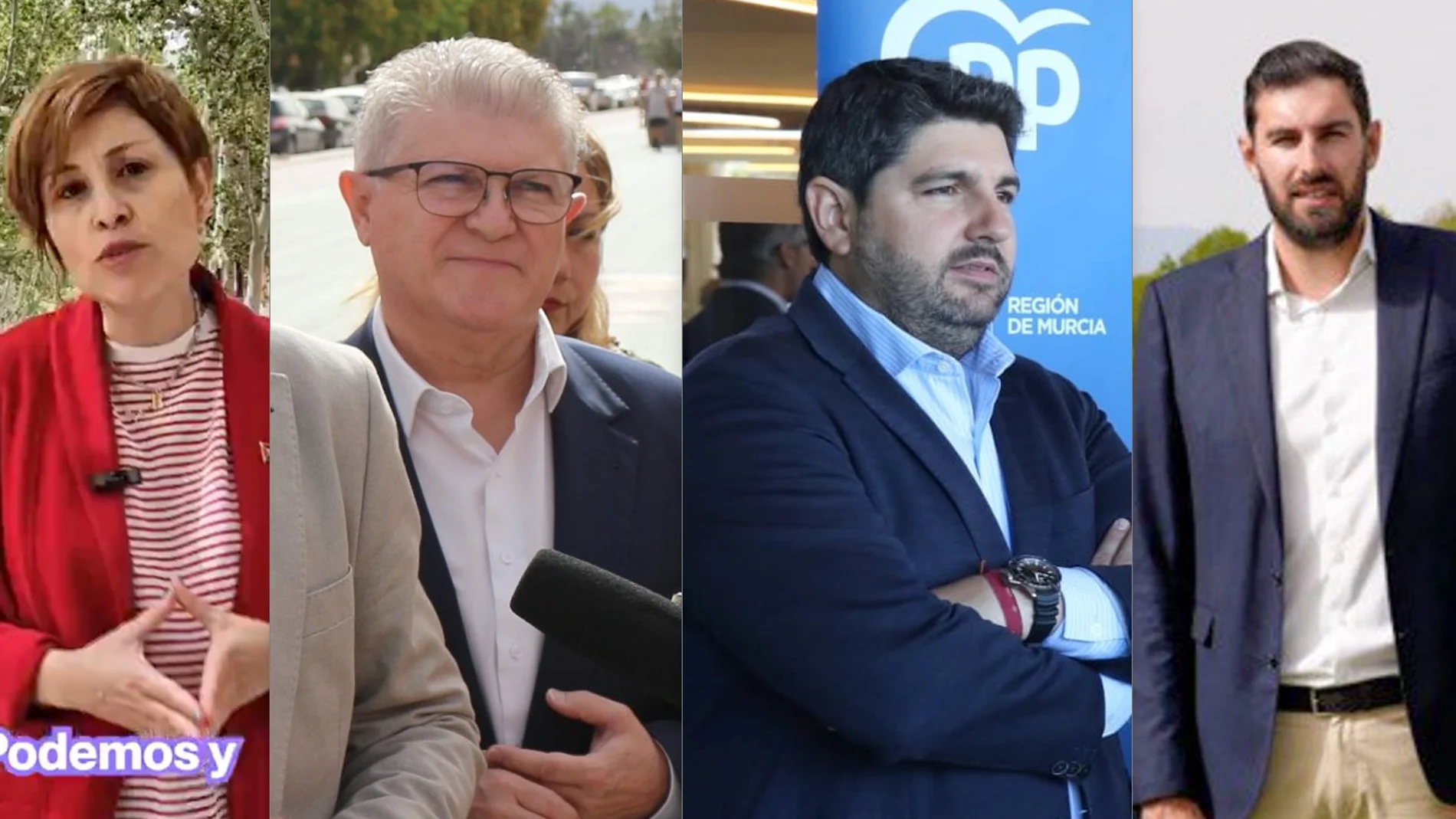 Elvira Medina (Podemos), José Vélez (PSRM), Fernando López Miras (PP) y José Ángel Antelo (Vox), ayer en diferentes actos de campaña