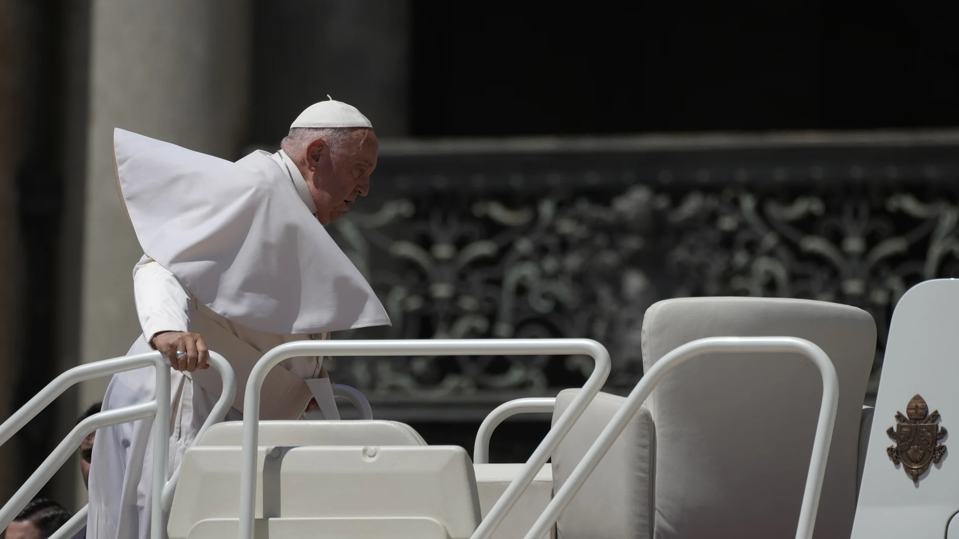 Pope Francis leaves at the end of his weekly general audience in St. Peter's Square, at the Vatican, Wednesday, June 12, 2024.