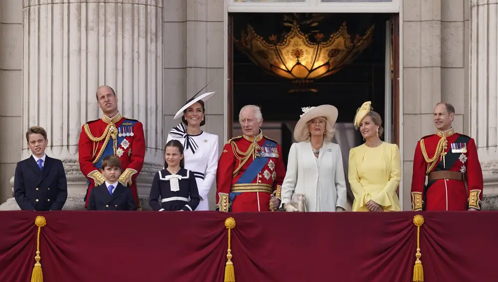 Britain's King Charles III, at centre with Queen Camilla, third right, joined by Prince George, left, Prince William, Prince Louis Princess Charlotte, Kate Princess of Wales, Sophie Duchess of Edinburgh, second right and Prince Edward on the Balcony at Buckingham Palace after attending the Trooping the Color ceremony, in London, Saturday, June 15, 2024. Trooping the Color is the King's Birthday Parade and one of the nation's most impressive and iconic annual events attended by almost every member of the Royal Family.