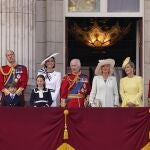 Britain's King Charles III, at centre with Queen Camilla, third right, joined by Prince George, left, Prince William, Prince Louis Princess Charlotte, Kate Princess of Wales, Sophie Duchess of Edinburgh, second right and Prince Edward on the Balcony at Buckingham Palace after attending the Trooping the Color ceremony, in London, Saturday, June 15, 2024. Trooping the Color is the King's Birthday Parade and one of the nation's most impressive and iconic annual events attended by almost every member of the Royal Family. 