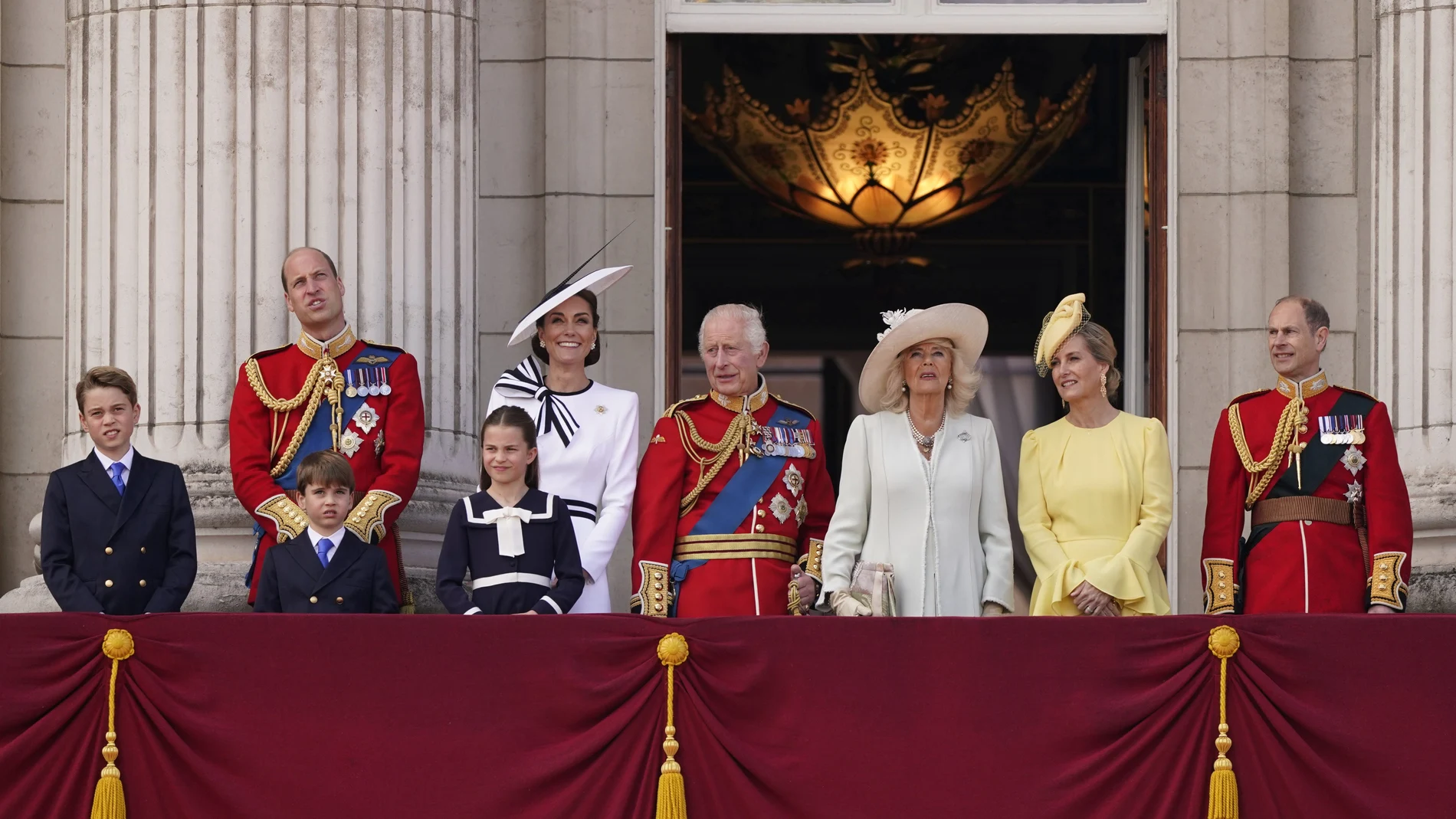 Britain's King Charles III, at centre with Queen Camilla, third right, joined by Prince George, left, Prince William, Prince Louis Princess Charlotte, Kate Princess of Wales, Sophie Duchess of Edinburgh, second right and Prince Edward on the Balcony at Buckingham Palace after attending the Trooping the Color ceremony, in London, Saturday, June 15, 2024. Trooping the Color is the King's Birthday Parade and one of the nation's most impressive and iconic annual events attended by almost every member of the Royal Family.