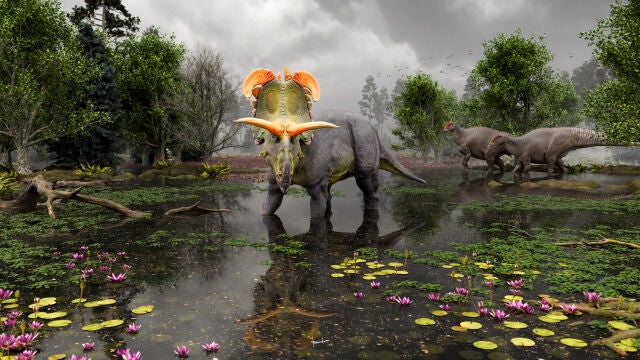 Retrato del Lokiceratops en su hábitat natural, unos 80 millones de años atrás. 