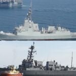 La fragata española Cristóbal Colón, arriba, y el destructor USS Paul Ignatius