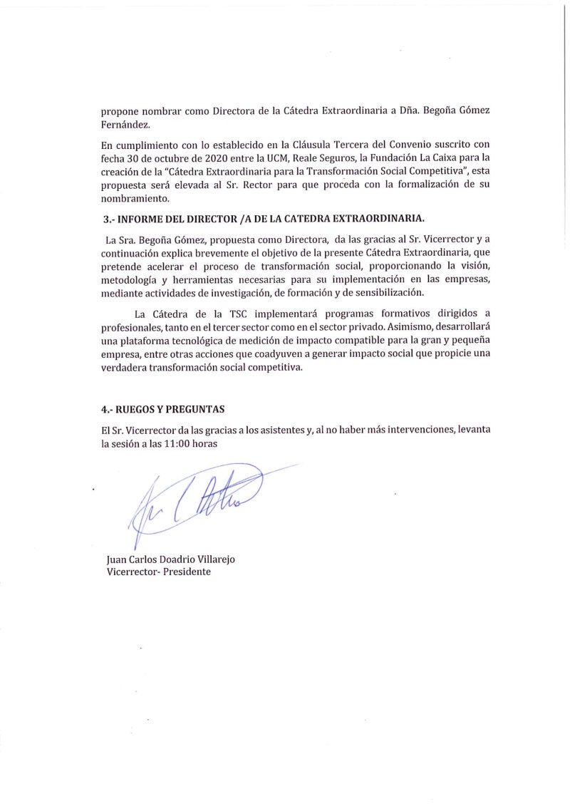 Acta de la reunión de la comisión en la que se nombró directora de la cátedra a Begoña Gómez.