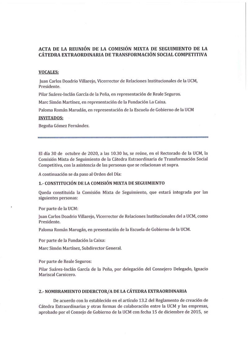 Acta de la reunión de la comisión en la que se nombró directora de la cátedra a Begoña Gómez.