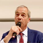 El populista Nigel Farage, durante una rueda de prensa en Westminster