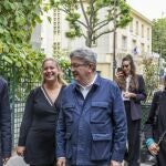  (L-R) President of LFI Manuel Bompard, re-elected Deputy of LFI Matilde Panod, leader of La France Insoumise (LFI) Jean-Luc Melenchon and re-elected Deputy LFI Clemence Guette, arrive to the Headquarter of the Party for a meeting in Paris, France, 08 July 2024.
